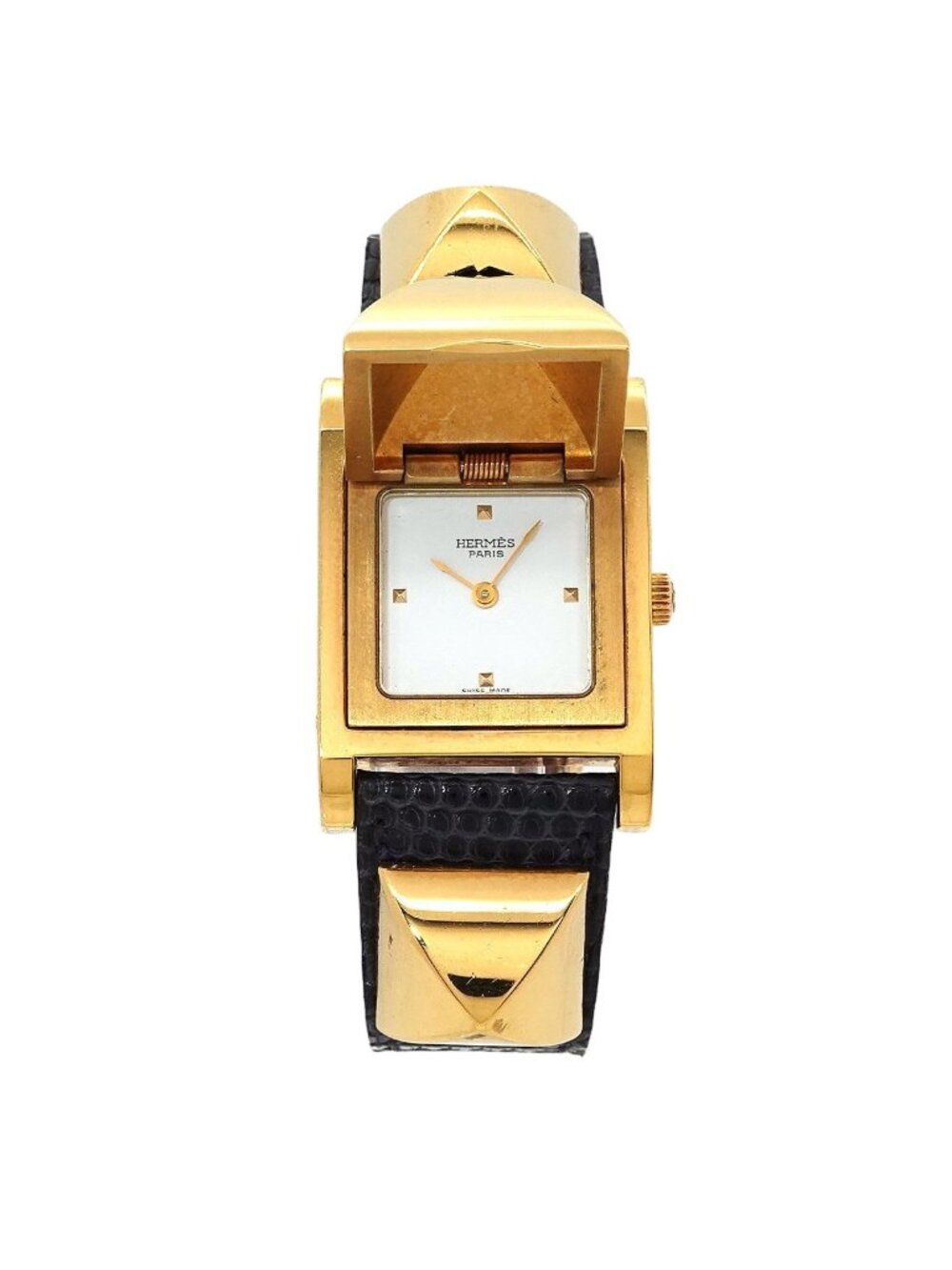Hermes Medor Vintage Watch Pyramid Gold Studs White Leather Quartz